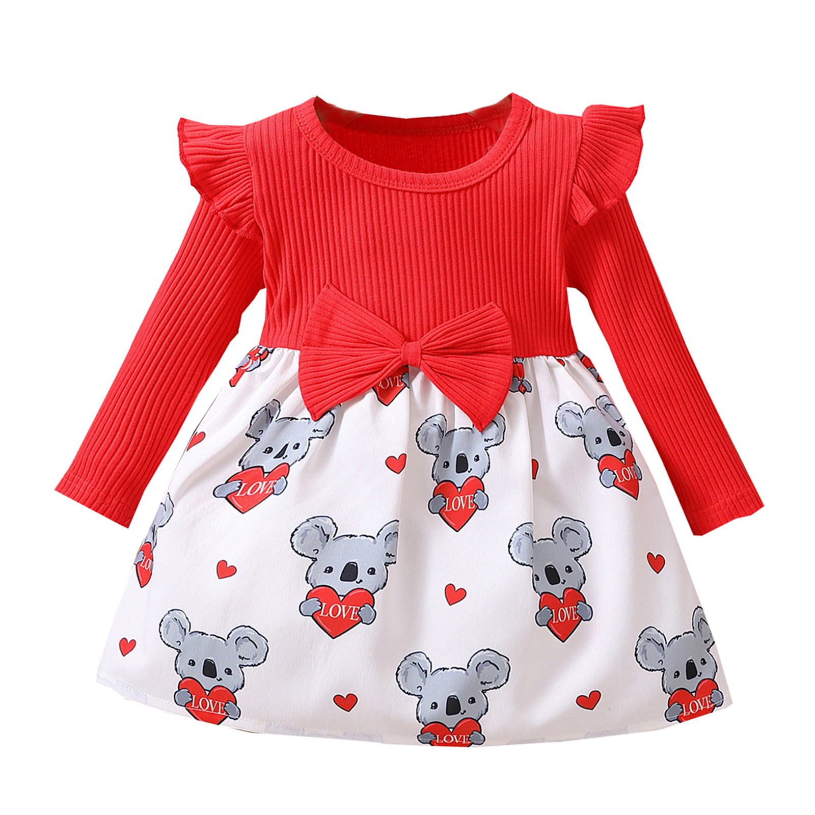 Toddler Girls Winter Valentine's Day Long Sleeve Ribbed Red Koala Love Printed Dress Vintage Dress for Girls Baseball Smocked Dress Kids Christmas Dresses Dress Girls Tulle Long Bridesmaid Dress